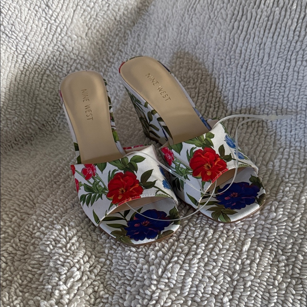Nine West Floral Mules - White with Red and Blue Accents